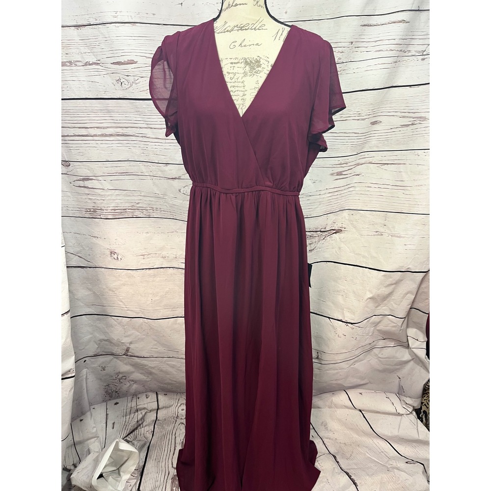 Lulus Burgundy Maxi Dress Flutter Short Sleeve Elastic Waist‎ V Neck Formal XL